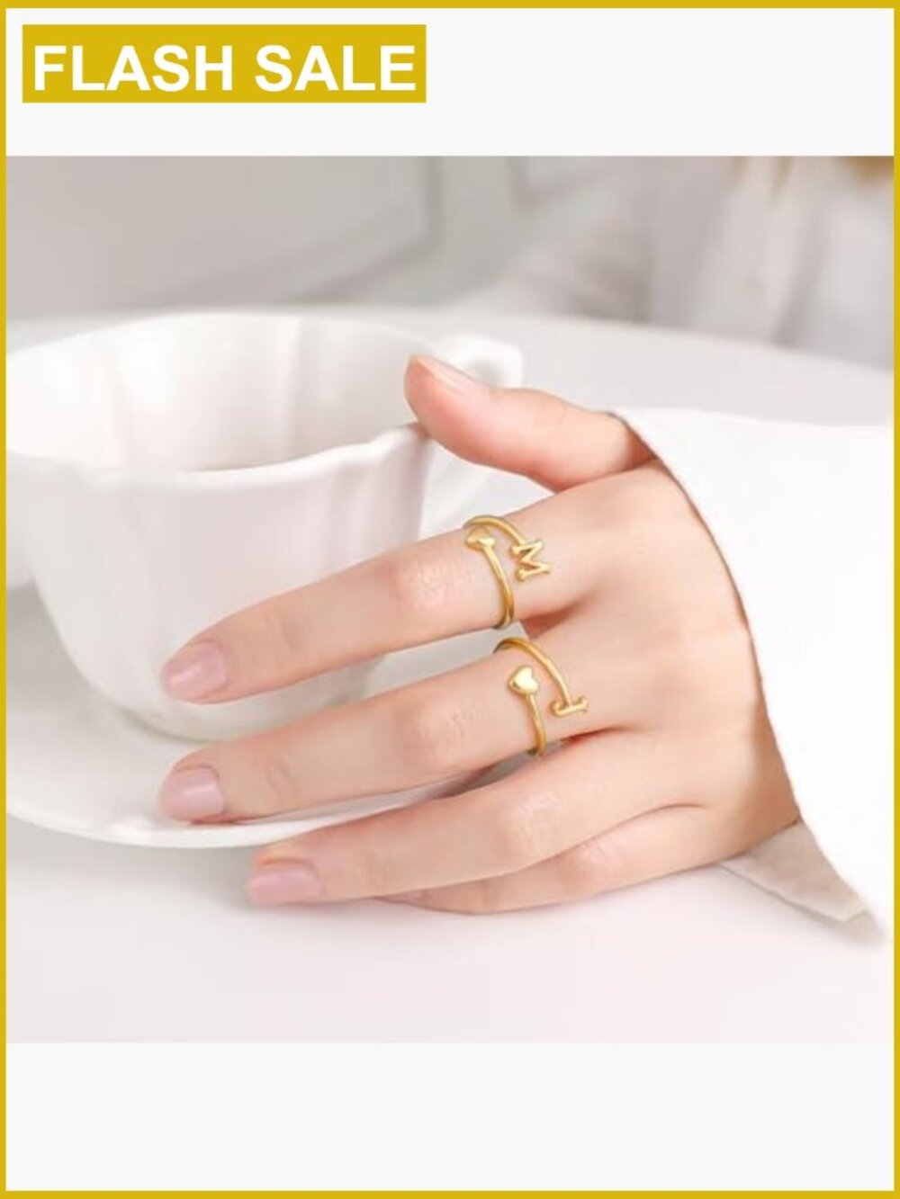 Initial Heart Rings for Women β Adjustable 14K Gold Plated Stackable Rings - Picture 3 of 7